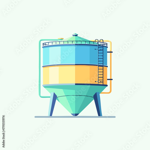 Colorful industrial storage tank with pipes and ladder, modern design concept.