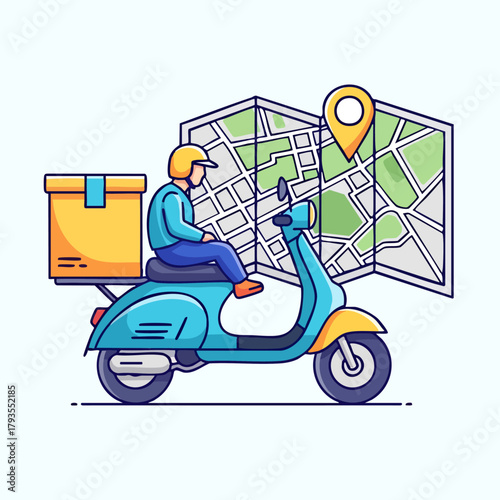 Delivery rider on scooter with package navigating using map for efficient service.