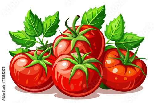 Set of fresh red tomatoes with green leaves isolated on white background, organic vegetables collection, healthy food concept and natural farm products design element.