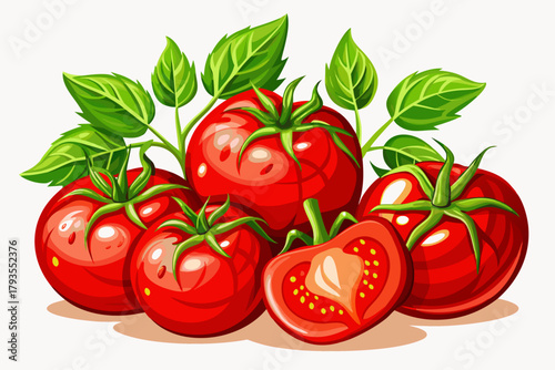 Set of fresh red tomatoes with green leaves isolated on white background, organic vegetables collection, healthy food concept and natural farm products design element.
