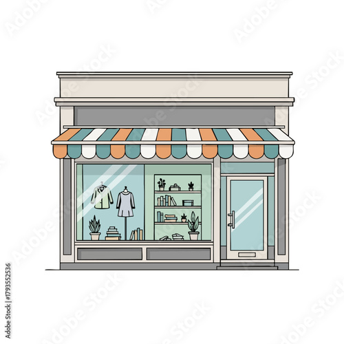 Charming boutique storefront with awning and display window showcasing merchandise.