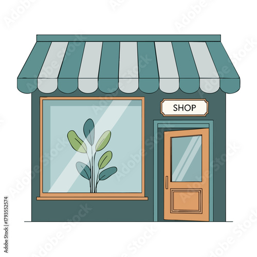Charming storefront with striped awning and inviting open door, shop sign.