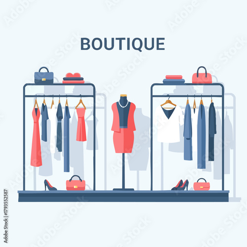 Fashion boutique display with clothes and accessories, showcasing style and elegance for shoppers.