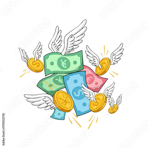 Flying money and coins with wings, representing financial loss and spending.