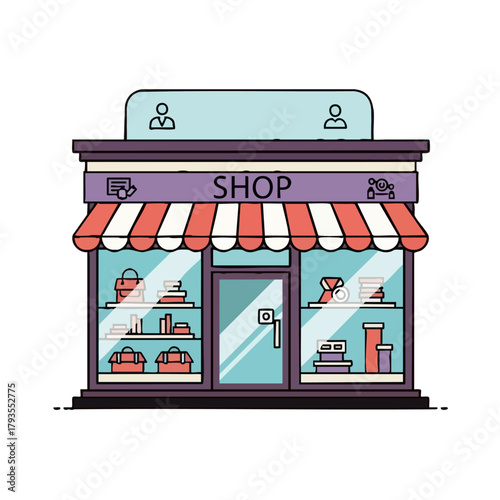 A charming shop with a red and white striped awning and glass windows.