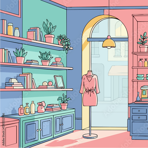 Elegant pink dress displayed on a mannequin in a stylish boutique.