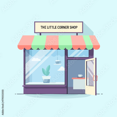 Charming little corner shop with striped awning and open door inviting customers.