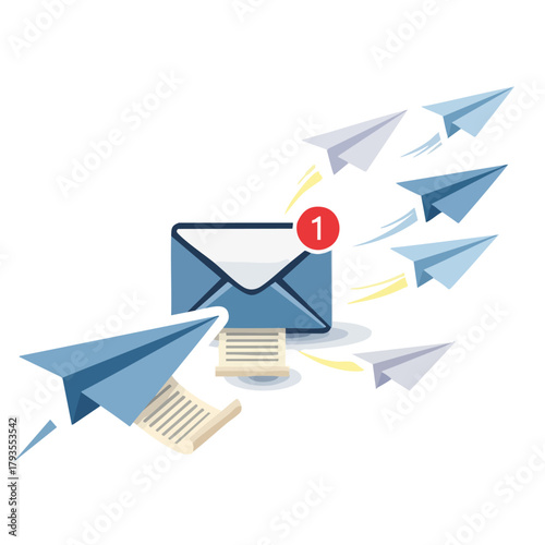 Email notification concept with paper airplanes and envelope illustration.