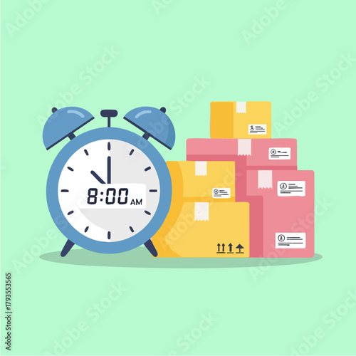 Alarm clock and packages represent time-sensitive delivery and shipping.