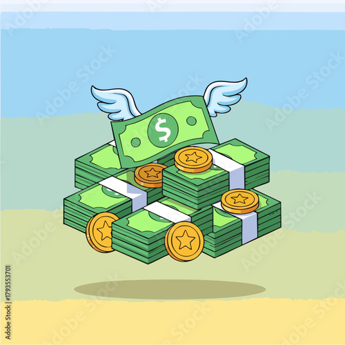 Money with wings and coins, representing financial success and wealth accumulation.