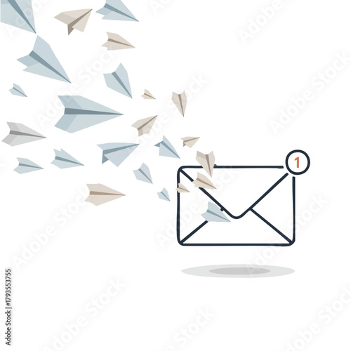 Email notification with paper airplanes representing sent messages and communication.