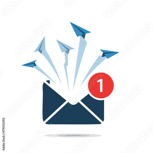 Email notification with paper airplanes representing new messages and alerts.
