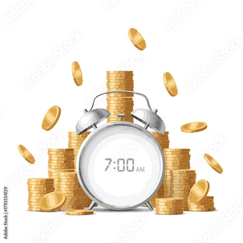 Alarm clock surrounded by stacks of gold coins, representing time and money.