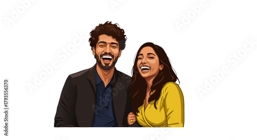 Young couple laughing and smiling together in joyful moment. Couple in photo booth  