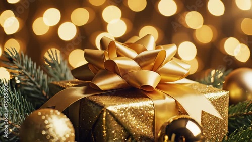 Elegant Gold Wrapped Gift Among Pine Branches and Baubles