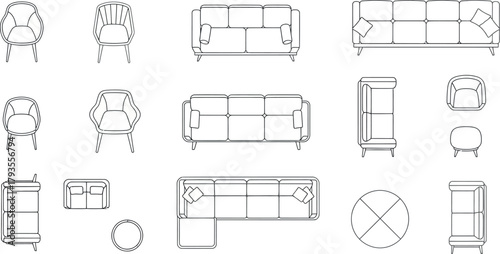 Vector Illustration of Top View Furniture Set for Interior Design Layouts & Architectural Floor Plans