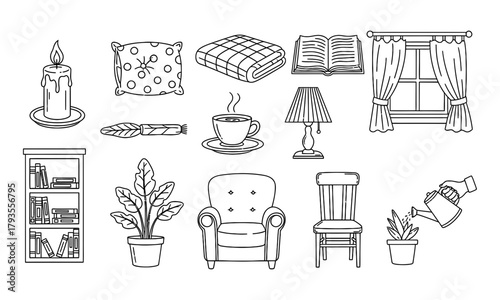 Collection of cozy home decor items and furniture