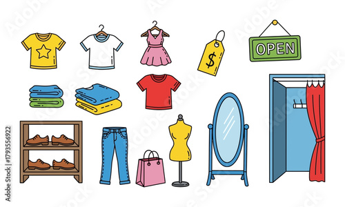 Collection of clothing store items and accessories