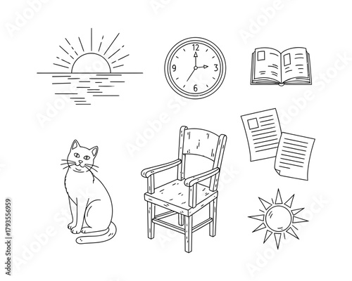 Collection of handdrawn sketches including a sunrise, clock, book, cat, chair, papers, and sun