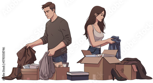 A couple sorts clothes and unpacks boxes indoors. The couple pack things. Man and woman break up and separate things   