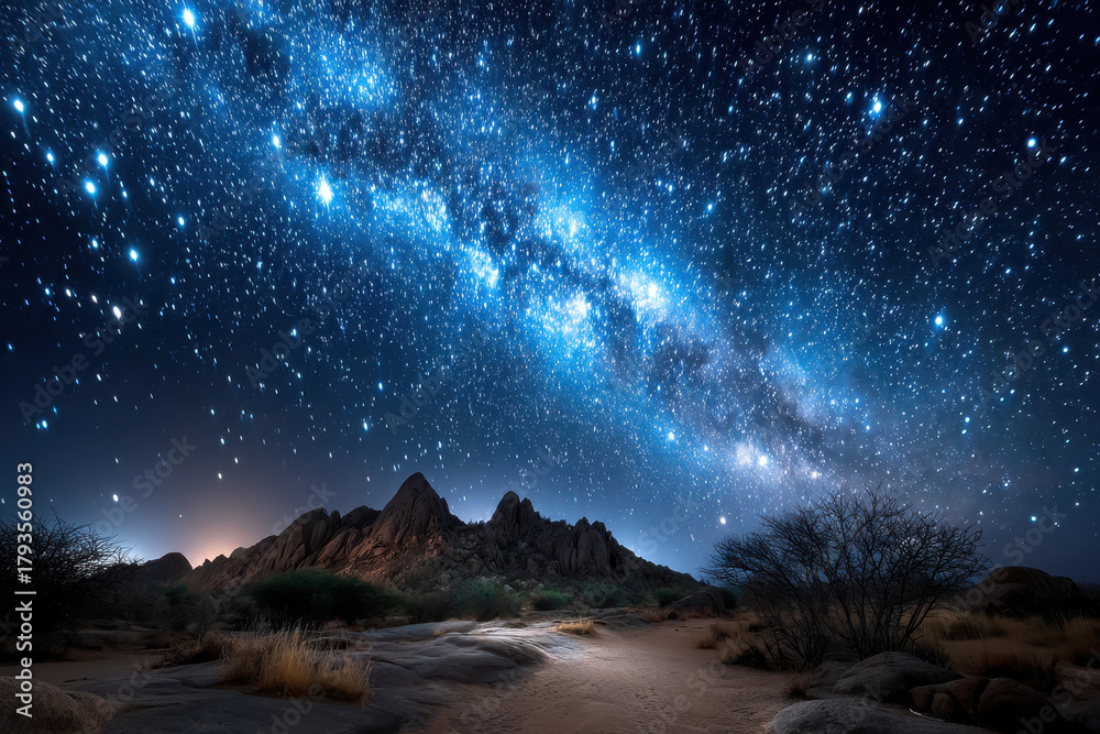 Fototapeta premium Starry night sky over a desert landscape with rocky mountains and sparse vegetation