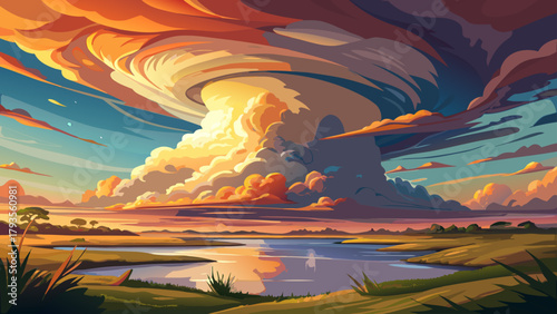 Very beautiful fading supercell over a lake at sunset in Ogallala, Nebraska, USA, featuring dramatic storm clouds, vibrant sunset colors, reflective water, and expansive plains, capturing the awe-insp