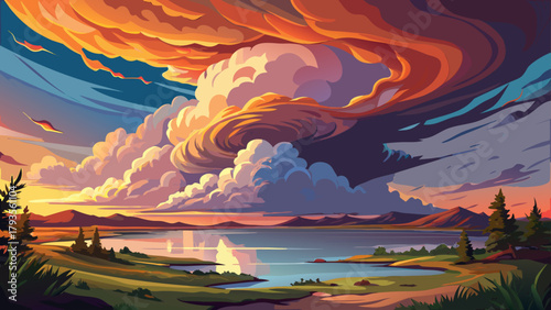 Very beautiful fading supercell over a lake at sunset in Ogallala, Nebraska, USA, featuring dramatic storm clouds, vibrant sunset colors, reflective water, and expansive plains, capturing the awe-insp