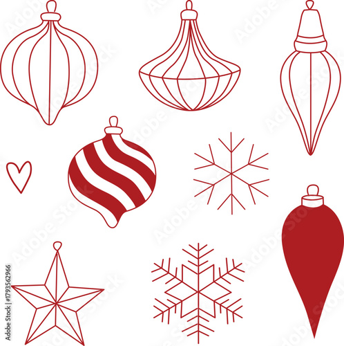 Christmas tree ornaments collection and snowflakes in line art doodle style and red color