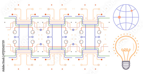 Interconnected circuit structure, digital globe, glowing light bulb. Ideal for technology, innovation, global connection, creativity, networking digital systems futuristic simplicity. Simple flat