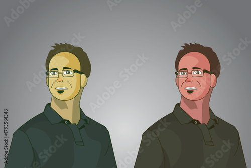Flat and stylish smiling male character wearing glasses illustration design in two color schemes