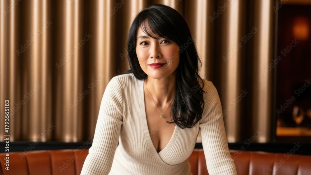 Fototapeta premium ラウンジのテーブルに手をつき真剣な眼差しで話を聞く女性