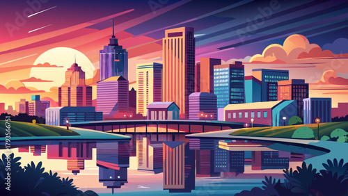 Very beautiful Omaha skyline at sunset with the Missouri River in the foreground, Omaha, Nebraska, USA, featuring glowing skyscrapers, reflective river waters, and a vibrant urban atmosphere capturing