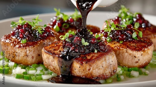Grilled meat medallions topped with a pomegranate and herb sauce being drizzled on