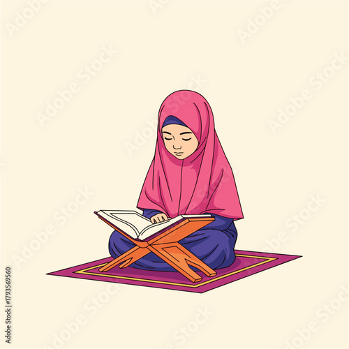 Muslim Girl Reading the Quran Illustration