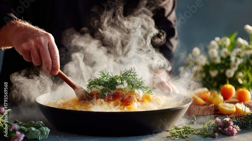 A chef serves a steaming dish with wooden spoon, adorned with dill & citrus