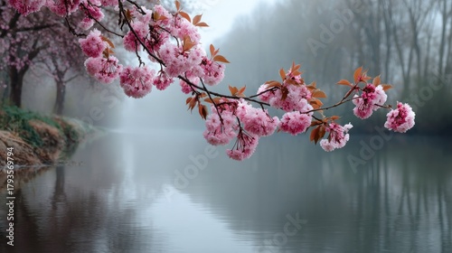 Branch of pink blossoms arches over misty water, reflected with muted tones