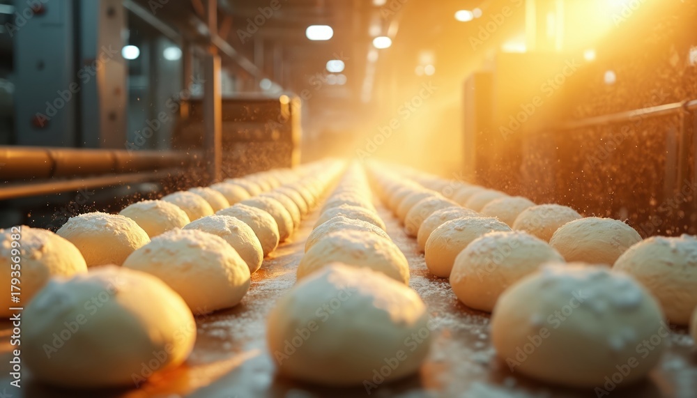 Fototapeta premium Many raw dough balls move on long conveyor belt in large bakery factory. Flour dust sprinkles onto fresh pastry. Warm light glows over food production line, showing modern bread making process.