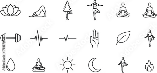 Yoga, wellness icons set, meditation, lotus, fitness, balance, heartbeat, nature, mind body, sun, moon, fire, line vector illustration