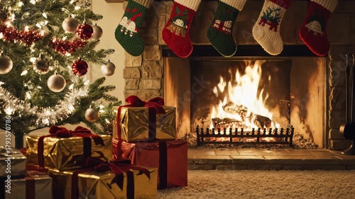 Cozy Christmas Scene with Tree, Presents, and Fireplace
