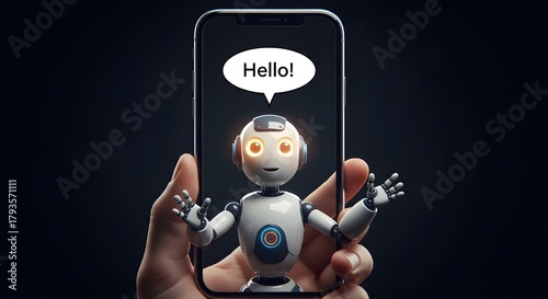 Friendly ai robot in a phone frame with a speech bubble on a Black  background.