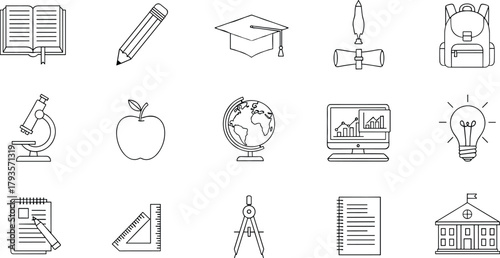 Minimal education line icons set, academic symbols collection, vector illustration, school supplies, graduation cap, diploma, backpack, microscope, apple, globe, computer analytics