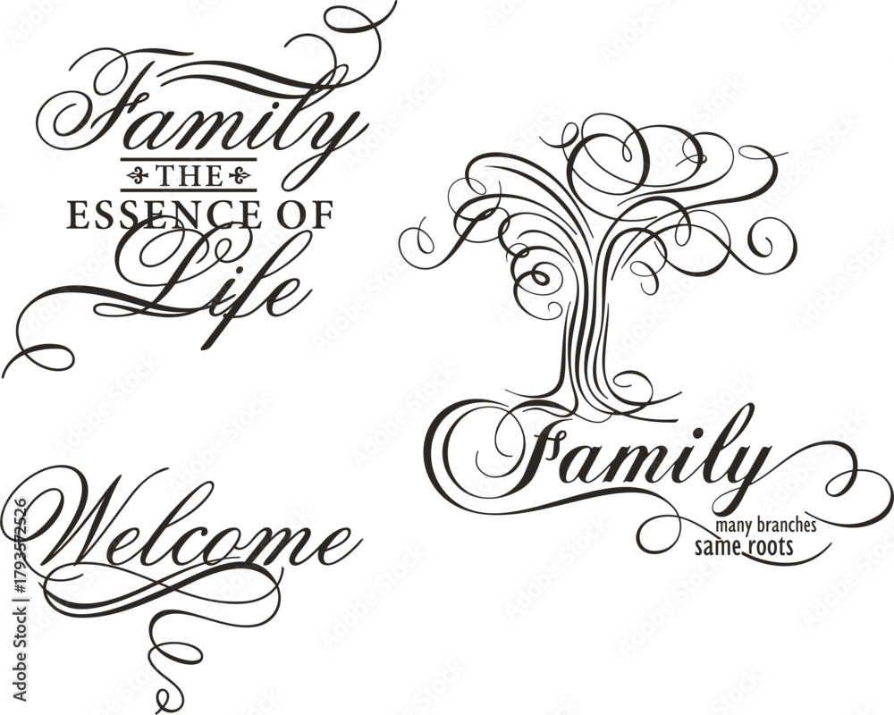 Fototapeta premium Home and Family quote decors, vector wall art series. Ornamental calligraphy inspirational sign designs, lettering phrases for posters, wall decals, love quotes, family holiday signs, greeting cards.