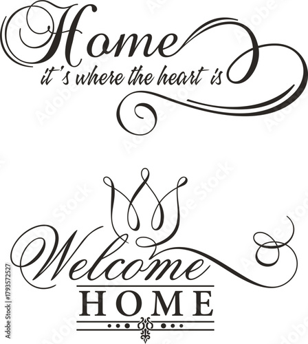Home and Family vector wall art series. Home, it's where the heart is. Welcome. Ornamental calligraphy inspirational sign designs, lettering phrases for poster designs, wall decals, love quotes.