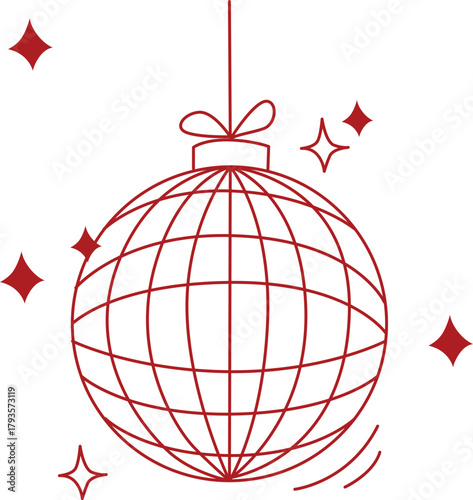 Hand-drawn disco ball in Christmas party doodle style in red color