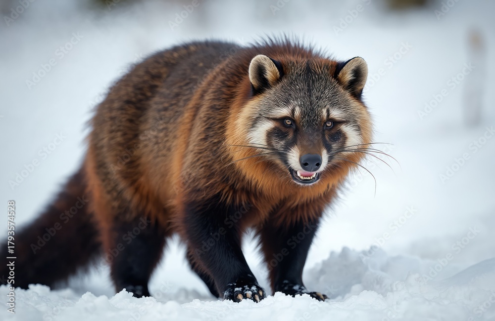 Naklejka premium Tanuki dog stands on snow. Mammal looks at camera with open mouth. Animal has black paws. Winter forest wild nature. Furry wildlife canine predator in snowy landscape.