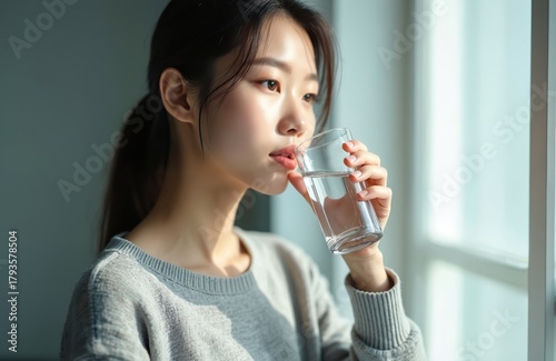 Young asian woman sips clear water from glass. Refreshing drink quenches thirst. Healthy hydration lifestyle choice. Natural thirst quencher pure liquid.