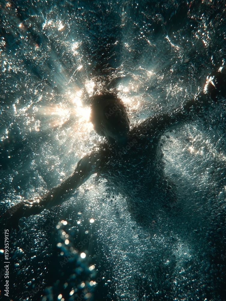 Fototapeta premium Sunlight pierces the water, illuminating a swimmer graceful dive into the deep blue. The image radiates freedom, serenity, and nature’s beauty.