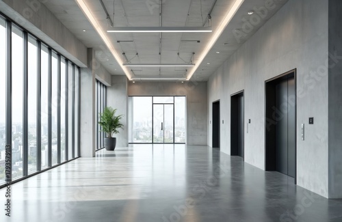 Wallpaper Mural Spacious modern empty office lobby in high-rise building. Large windows offer city skyline view. Concrete walls, floor, ceiling with linear lights create clean, minimalist design. Multiple elevator Torontodigital.ca