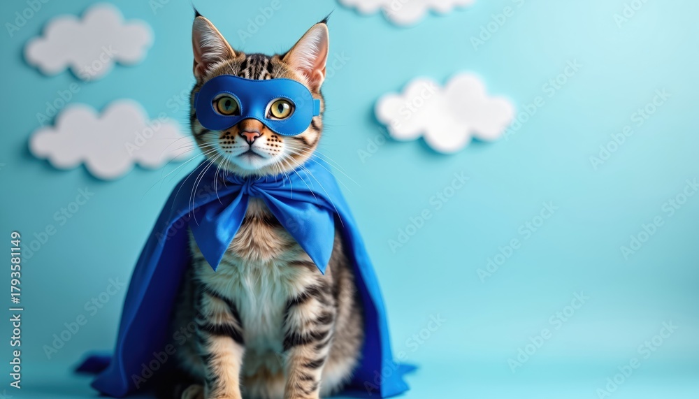 Fototapeta Cute tabby cat wears blue superhero costume, mask, cape. Animal sits on light blue background with white clouds. Brave pet looks ahead, ready for adventure. Fun concept for pet lovers, kids, playful