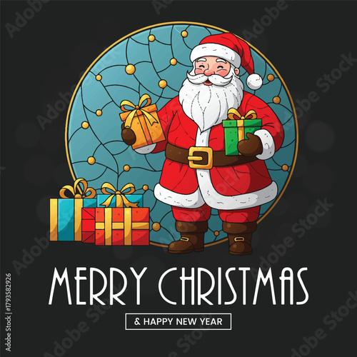 Stained Glass Style Santa Holding Presents with Festive Background, Wishing Merry Christmas and Happy New Year